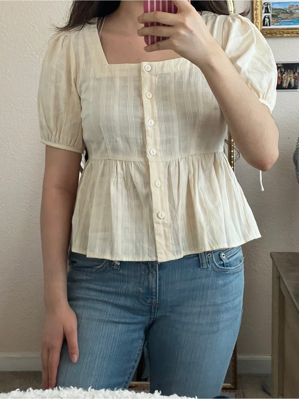 100% Cotton Cream Peplum Blouse | Puff Sleeve Square Neck Top | Cottagecore